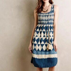 MAEVE Anthropologie Batik Blue and Cream Geometric Midi Dress Size 4